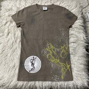 Y2k Streetwear Graphic Thermal Knitted T-Shirt Beige Brown Tan size XL